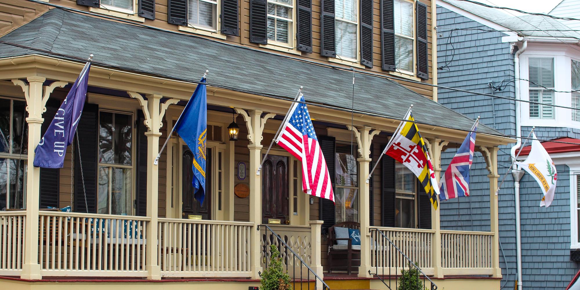 Flags on porch brackets
